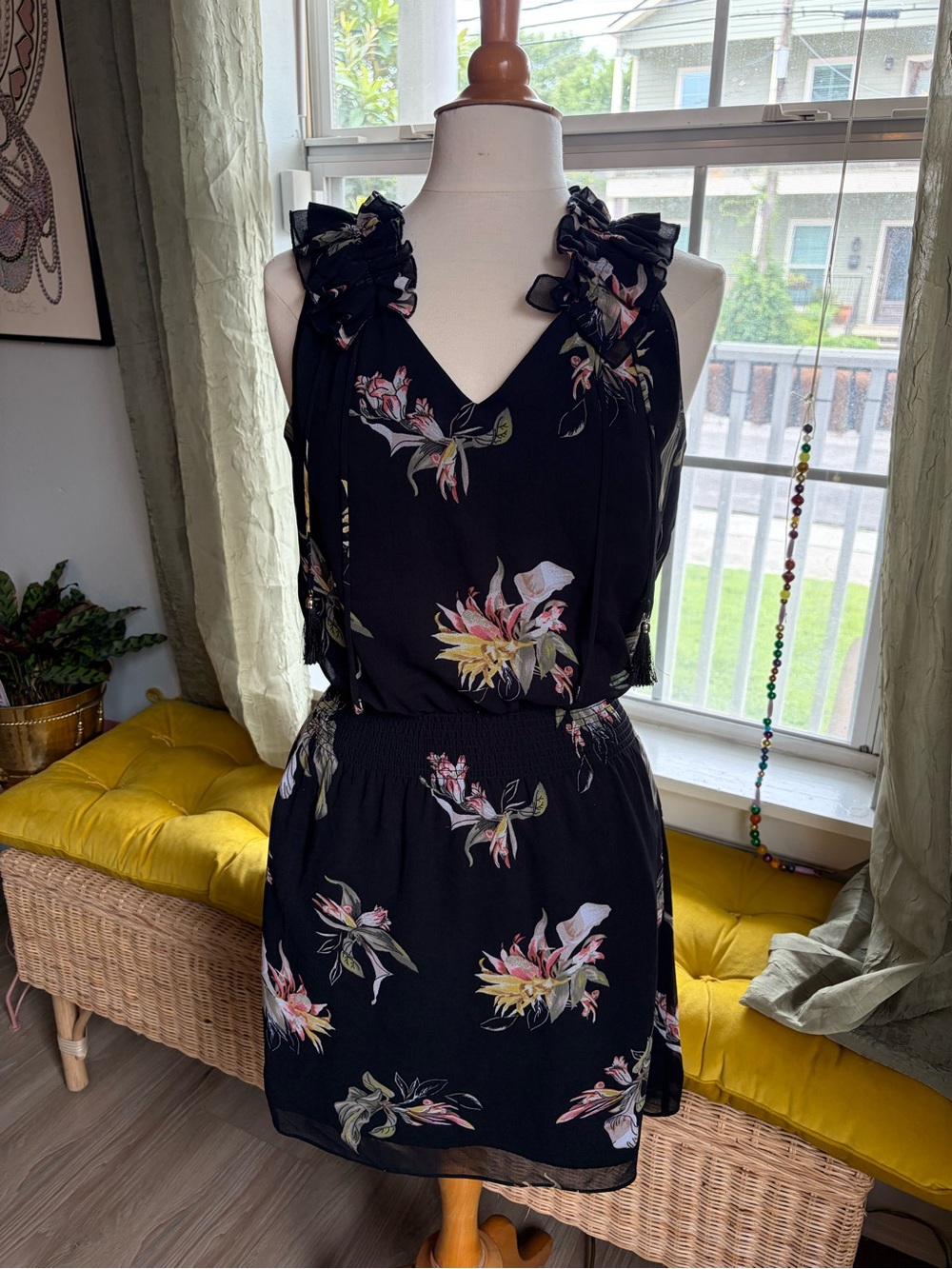White House Black Market Black Floral Ruffle-Strap Mini Dress